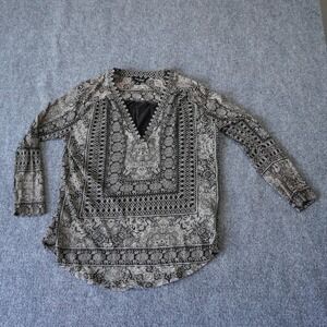 Lucky Brand Womens Black & Beige Print Peasant‎ Blouse Top Size S Boho Chic